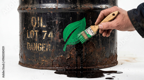 Conceptual close-up image of a hand greenwashing a rusty industrial oil drum with a fake leaf symbol.
