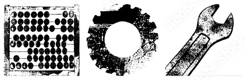 Traditional counting tool with beads, industrial gear cog, adjustable wrench, mechanical engineering, retro toolset, vector illustration.