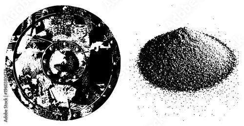Vector halftone illustrations of mechanical gear and particle pile, stippled textures, graphic design elements, art, dot matrix.
