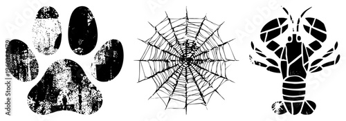 Paw print, spider web, lobster cutout bold black vector with distressed texture, isolated graphic elements for design, flat glyph style with vintage wear.