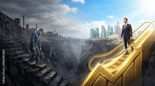 Conceptual scene of a fork in the road with two different paths leading to bright light, decision making concept.