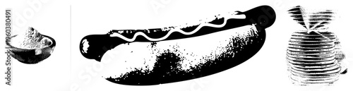 Classic American hot dog topped with mustard, halftone texture, isolated food, stack of pancakes, retro diner meal, black and white vector art.