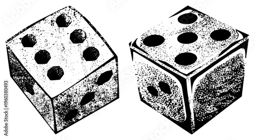Isometric dice with halftone dot, gaming cubes showing five and six pips, vector game elements, black and white illustration, tabletop RPG assets.