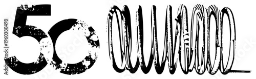 Graphic design featuring the number fifty with distressed texture, stylized typography, grunge aesthetic, black and white vector art, isolated numeric symbol.