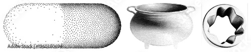 Vector halftone illustrations featuring elliptical, cauldron, and starburst forms, rendered with graduated dot density,, isolated foreground elements.