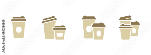 Flat vector collection of takeaway coffee cups, clean and minimal design.