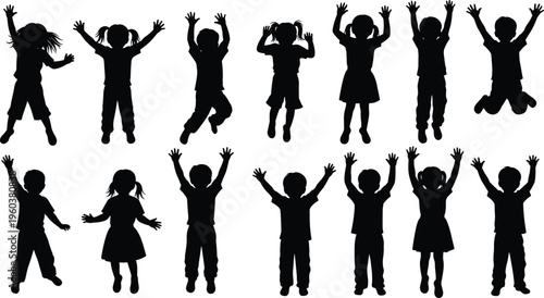 Collection of black silhouettes of happy children jumping and playing