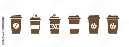Minimalist takeaway coffee cup icon set, vector design on white background.