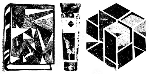 Graphic design featuring fragmented geometric forms, halftone dot, and stark black white contrast, ideal for modern branding or digital art.
