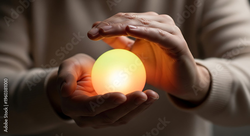 Cupped Hands Protecting a Glowing Light Sphere Concept of Care Hope Energy and Guidance in Darkness