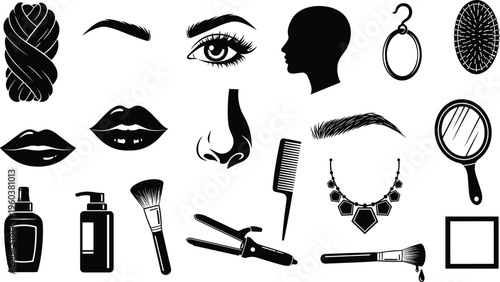 Beauty and cosmetic items collage silhouette set