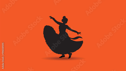Silhouette of a beautiful woman dancing in a traditional dress isolated on an orange background for culture and performing arts design element with dynamic movement and elegant pose
