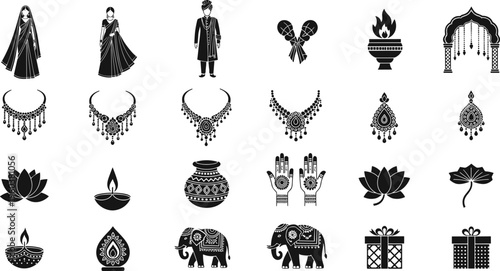 Indian wedding elements like bride groom attire and auspicious symbols on transparent background vector