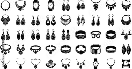 Jewelry and accessories collection with necklaces bracelets earrings and watches on transparent background vector