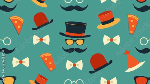 A pattern of hats, glasses, mustaches, bow ties, and pizza