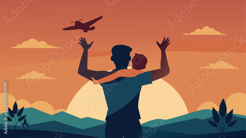 Father and son watching airplane fly in the sky