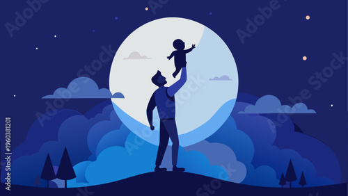 A man lifting a child up in the air under a large moon