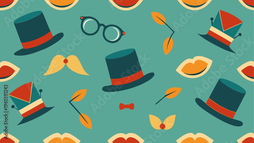 A pattern of hats and glasses and mustaches