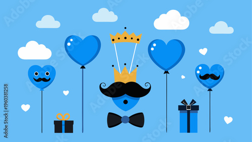 A blue face with a crown and mustache surrounded by balloons