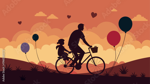 Silhouette of a man and a child riding a bicycle