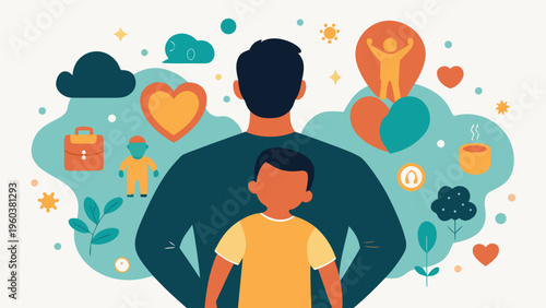 A man and a child standing in front of a thought bubble