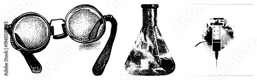 Scientific safety glasses with textured lenses, conical lab flask with swirling liquid, medical syringe with, halftone style, vector graphic, isolated science tools.
