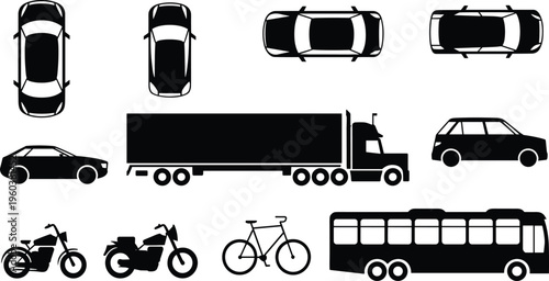 transport vehicle silhouettes set, cars truck bus motorcycle bicycle icons, top and side views, transportation concept, black white vector illustration