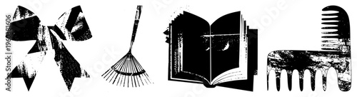 Graphic set of bow, rake, open book, comb in distressed black and white, vintage illustration, grunge texture, isolated, vector art.