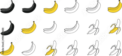 Banana vector illustration set with whole and peeled fruit variations, yellow and outline styles isolated on white background for design