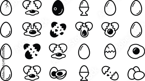Egg icon set collection with cracked whole and fried variations black outline vector illustration for food design cooking apps and menus