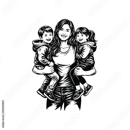 Mother Holding Two Children Black and White Family Love Illustration