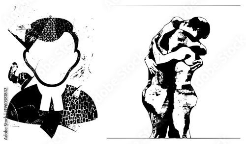 Two stylized human forms in, one as a clerical figure with textured, other as embracing couple, both rendered in high contrast graphic style.