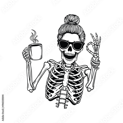 Skeleton Woman Drinking Coffee Funny Halloween Skull Mom Black and White Illustration