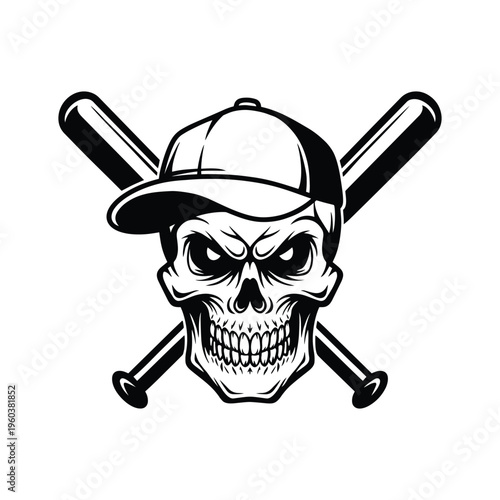Baseball Skull with Bat Crossbones Black and White Sports Vector Illustration