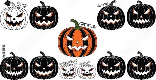 Halloween pumpkin vector collection with scary jack o lantern faces, black and orange spooky illustrations set for holiday decoration and design