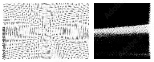 Vector halftone with radial gradient, dot density variation, print design element, typography background, analog retro texture.