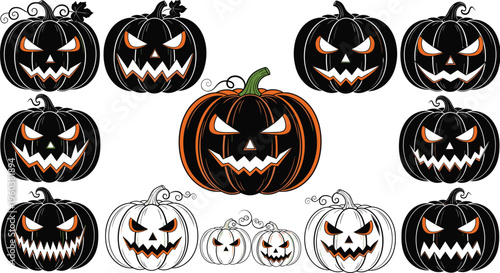 Halloween pumpkin vector set with scary jack o lantern faces, black and orange spooky illustration collection for holiday design and decoration