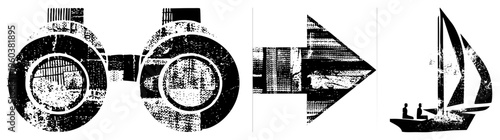 Vector halftone art featuring mechanical gears, directional arrow, sailboat silhouettes, isolated design, industrial meets nautical motif.