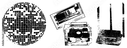 Retro equipment including turntable, cassette deck, and disco ball rendered in halftone, vector style,, isolated graphic elements.