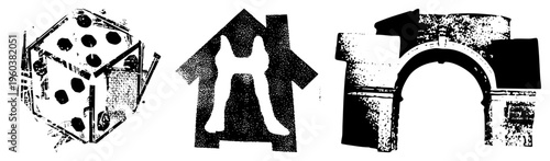 Black and white halftone graphic set featuring a die, cat silhouette in house, and stone archway vector symbols for gaming, home, and architecture.