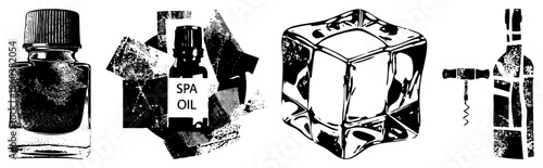 Black & white halftone vector ink, spa oil, ice cube, corkscrew bottles. Textured, geometric fragments. Classic graphic style for wellness, luxury, vintage.