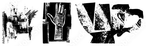 Stylized hand and cup forms rendered in gritty halftone textures, graphic design elements, stark composition, vector art, abstract symbolism.