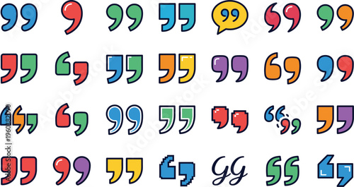 Collection of colorful quotation marks and speech punctuation symbols flat vector illustration set for typography and text design