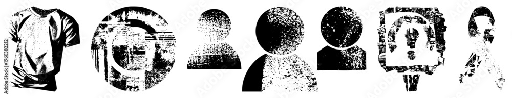 Obraz premium Stylized black and white including t shirt, question mark, user avatars, and ribbon, rendered in halftone dot, isolated vector graphics for UI design.