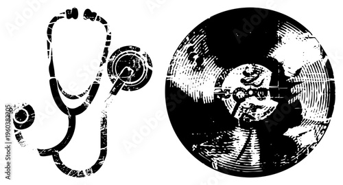 Medical stethoscope and vinyl record, distressed black and white vector art, healthcare and music fusion, retro aesthetic, isolated symbols.