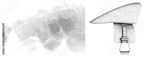 Graphic design featuring fish and mushroom rendered in halftone dot, vector art, isolated foreground, stylized shapes, black and white illustration.