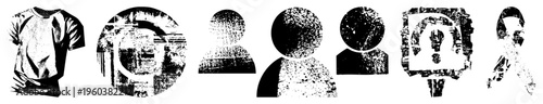 Stylized black and white including t shirt, question mark, user avatars, and ribbon, rendered in halftone dot, isolated vector graphics for UI design.