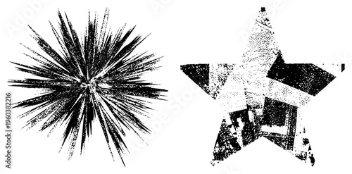 Distressed star and explosive burst, halftone textures, vector art, graphic design assets, vintage aesthetic, black and white illustration.