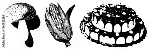 Artistic vector depiction of mushroom cap, corn cob, and layered cake with drips,, graphic design elements, food, isolated silhouettes.