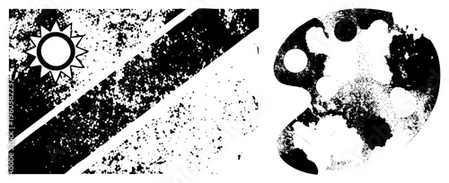 Weathered Taiwanese flag with sun emblem and diagonal stripe, paired with splattered artist palette, both rendered in high contrast halftone grit.